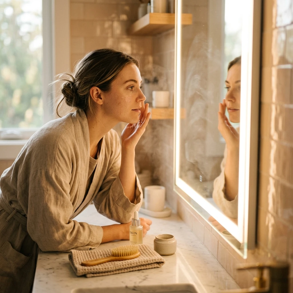 A person checking their face in an illuminated bathroom mirror