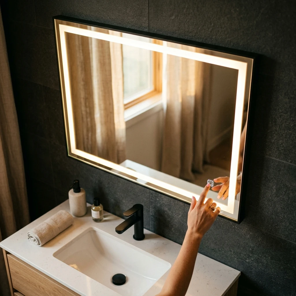 Using the touch control on a rectangular LED bathroom mirror