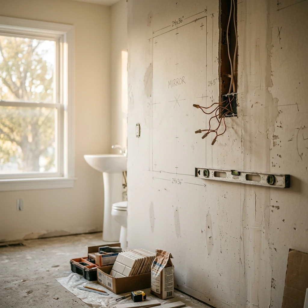 A bathroom wall marked for mirror installation during renovation