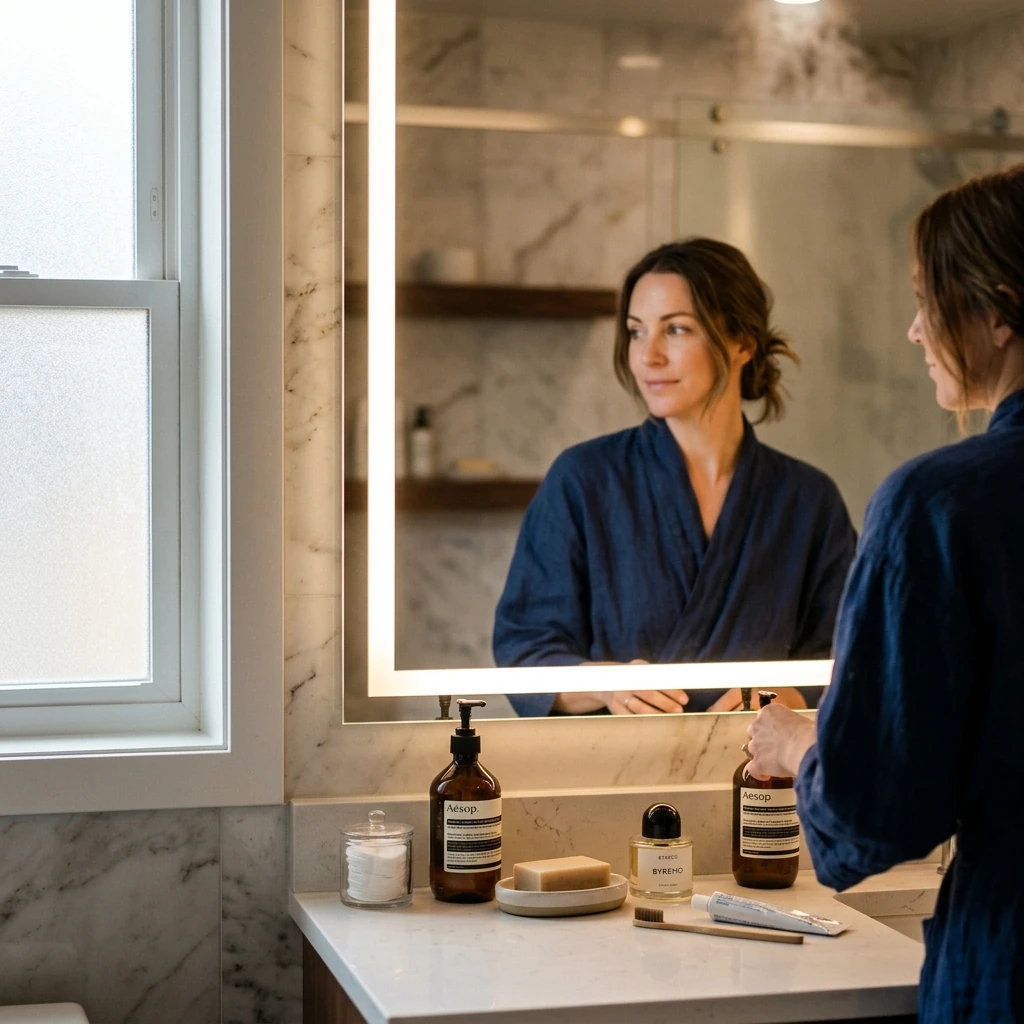A person at a bathroom vanity with an illuminated rectangular mirror
