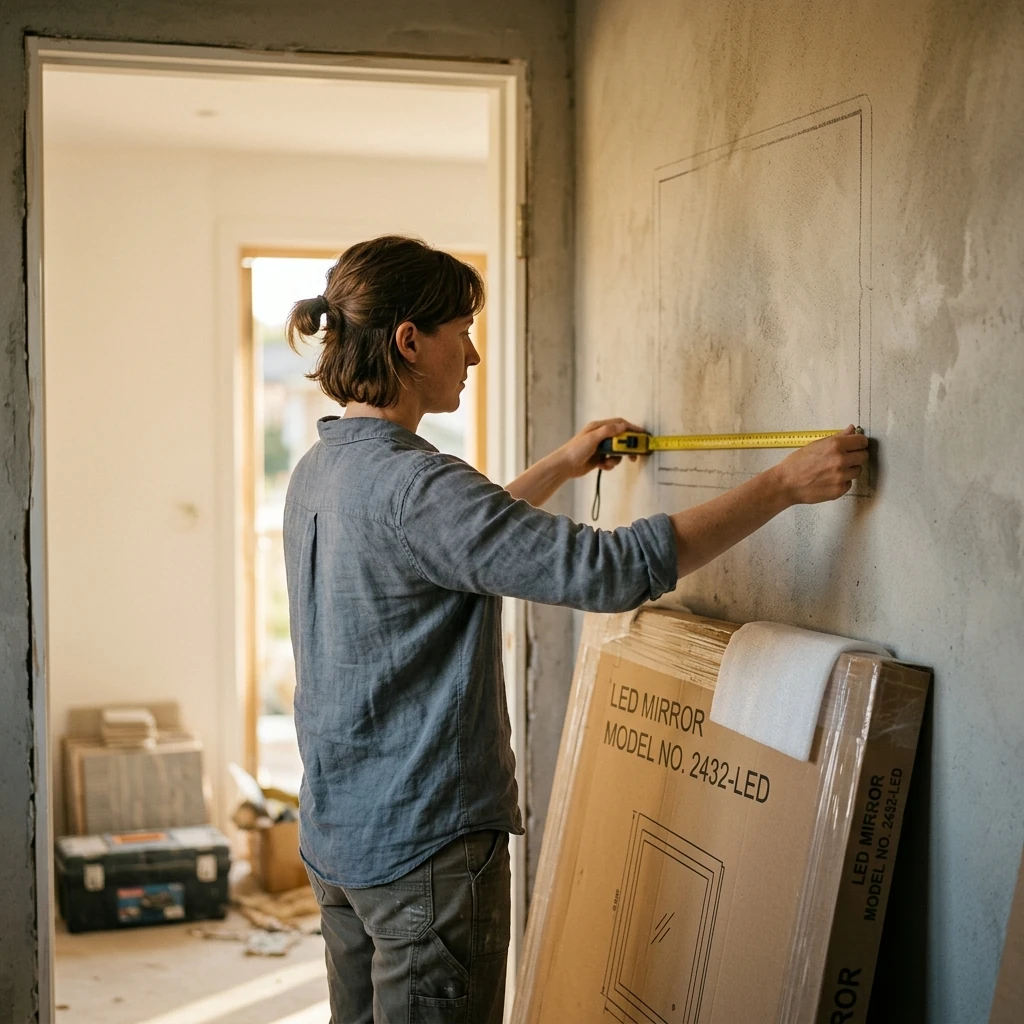 Measuring a wall before fitting an LED mirror