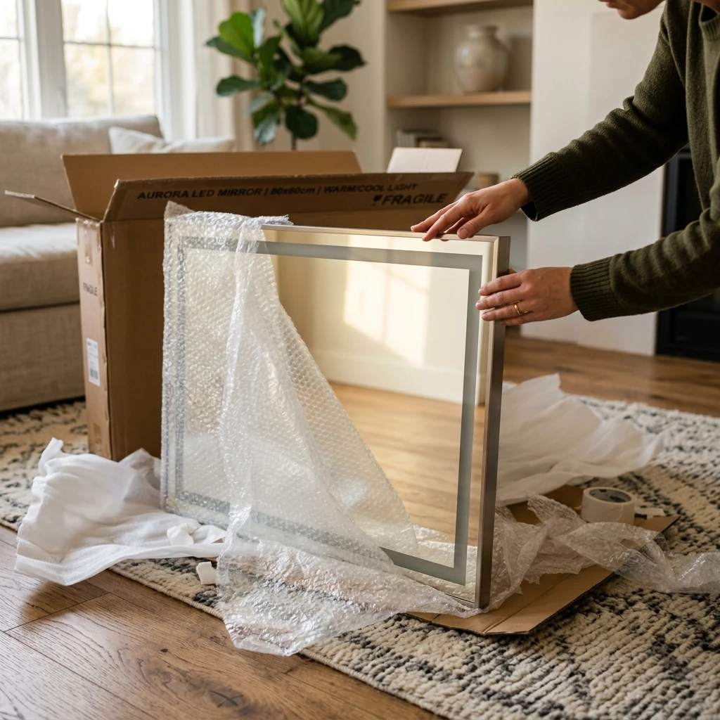 Inspecting an unpacked LED mirror beside protective packaging