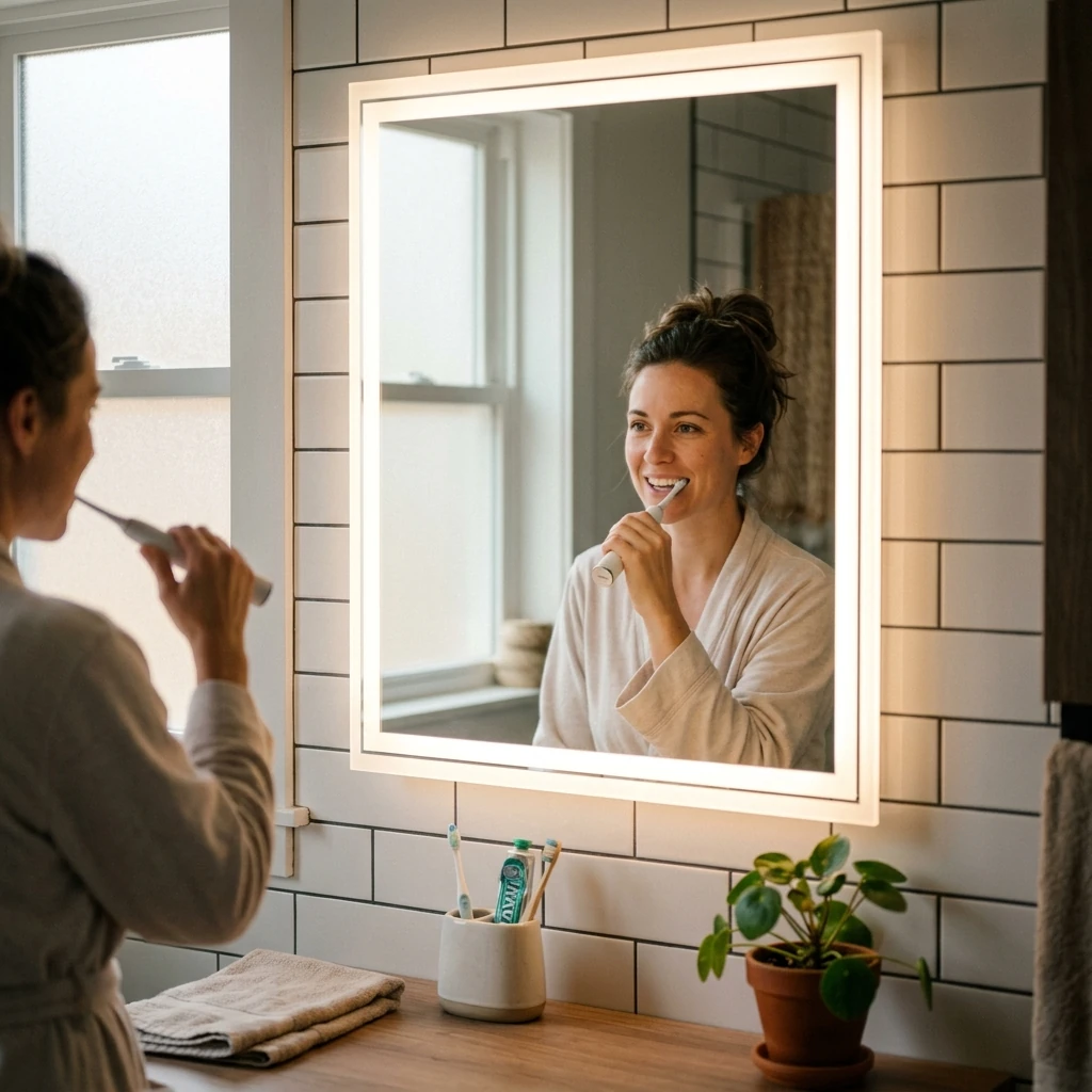 A person brushing their teeth in front of an illuminated bathroom mirror
