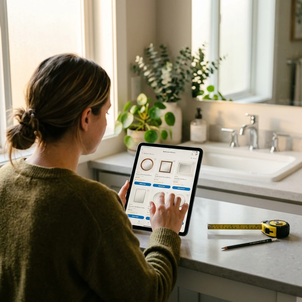Browsing bathroom mirrors on a tablet beside a measuring tape