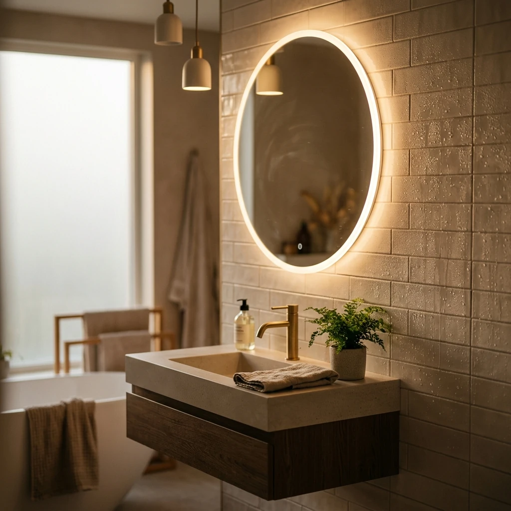 A round illuminated mirror above a bathroom basin
