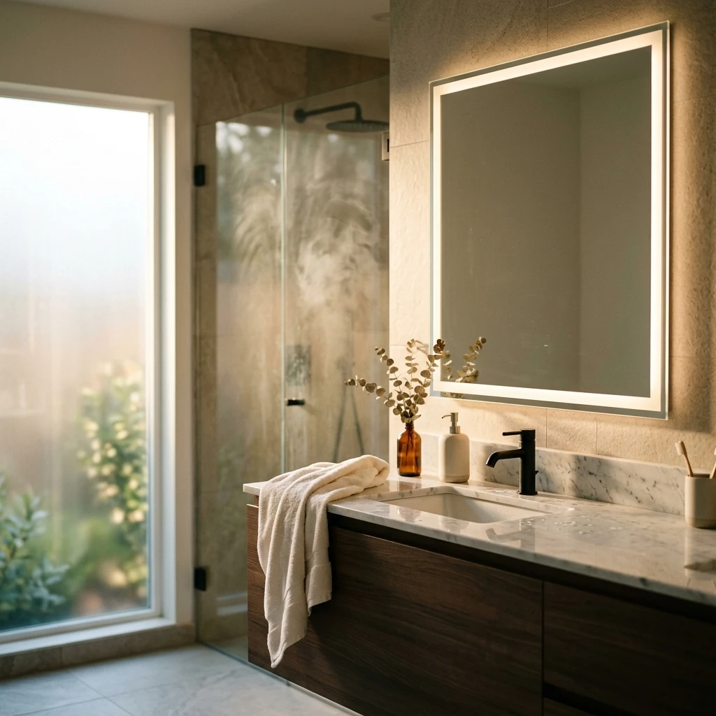 Editorial illustration of a finished illuminated bathroom mirror