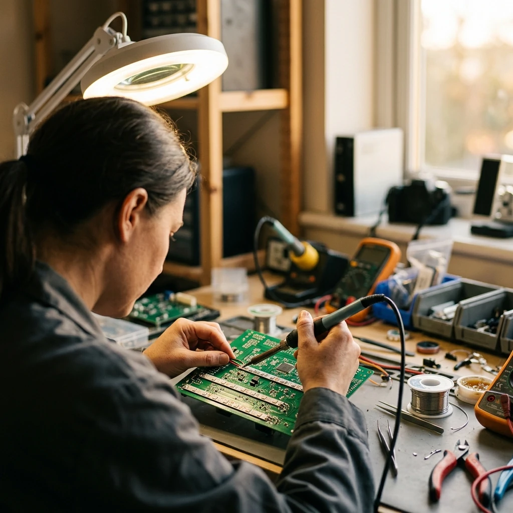 Editorial illustration of electronics assembly and testing