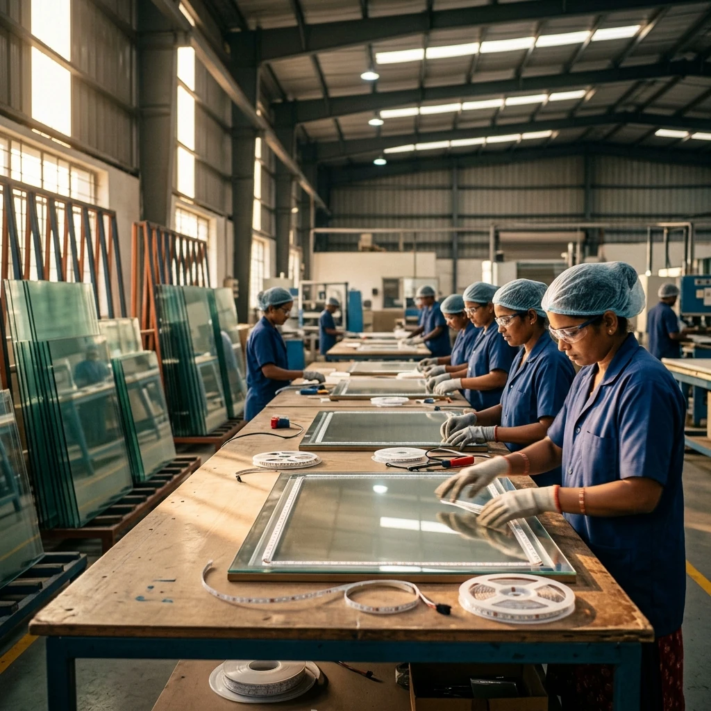 Editorial illustration of an LED mirror production line