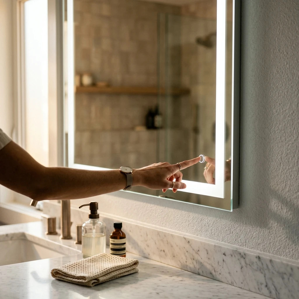 Person's hand reaching toward a sleek rectangular LED mirror mounted on a bathroom wall