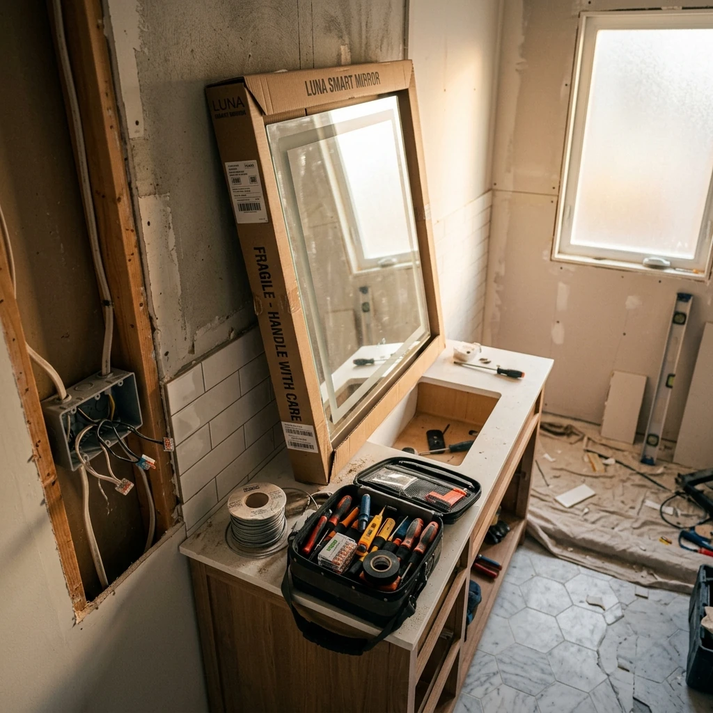 Overhead angled view of a modern bathroom mid-renovation — an LED mirror still in its packaging leaning against the wall