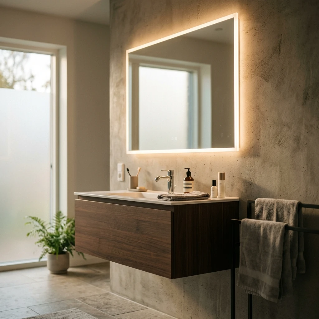 Modern bathroom interior with a large backlit LED mirror mounted above a floating vanity