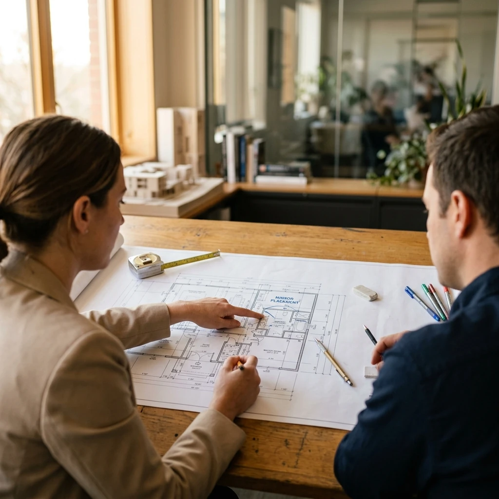 Two people reviewing architectural drawings spread across a desk, one pointing at mirror placement on a floor plan