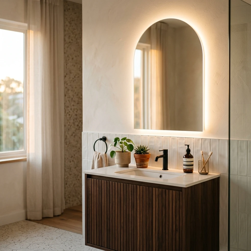 Bathroom vanity wall showing an arch-shaped LED mirror above a dark wood single vanity