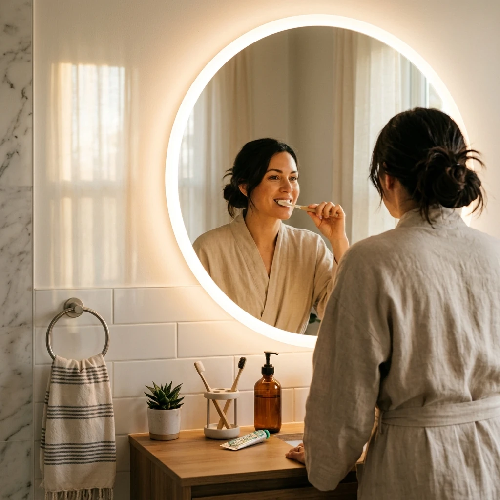 A person standing in front of a round LED bathroom mirror, reflection visible showing them mid-grooming routine