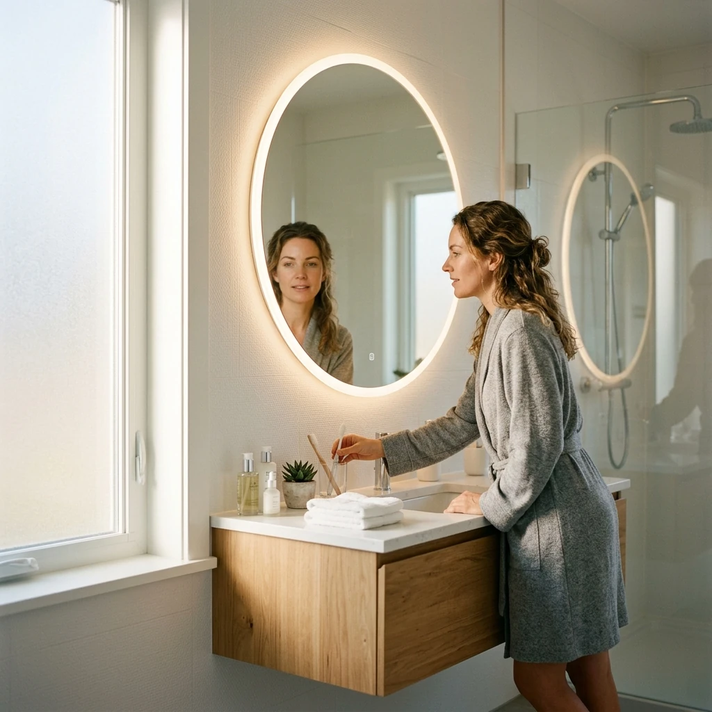 Bright modern bathroom with a backlit LED mirror mounted above a floating vanity